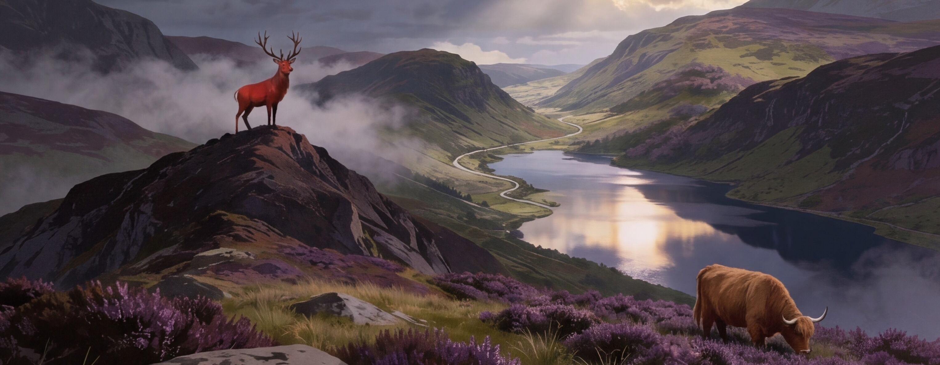 Scottish Highlands - red stag and highland cow overlooking a loch